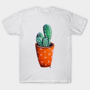 Cute Potted Cactus Print - Orange Background T-Shirt